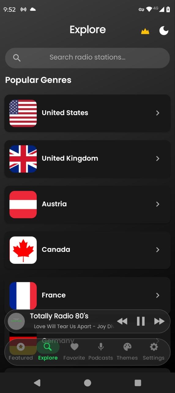 The Explore screen: a search field for radio stations above a list of countries — United States, United Kingdom, Austria, Canada, France.