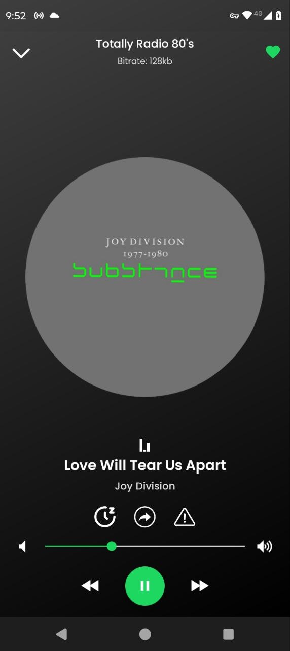 The player screen: Totally Radio 80's at 128kb, playing Love Will Tear Us Apart by Joy Division, with sleep timer, share and volume controls.