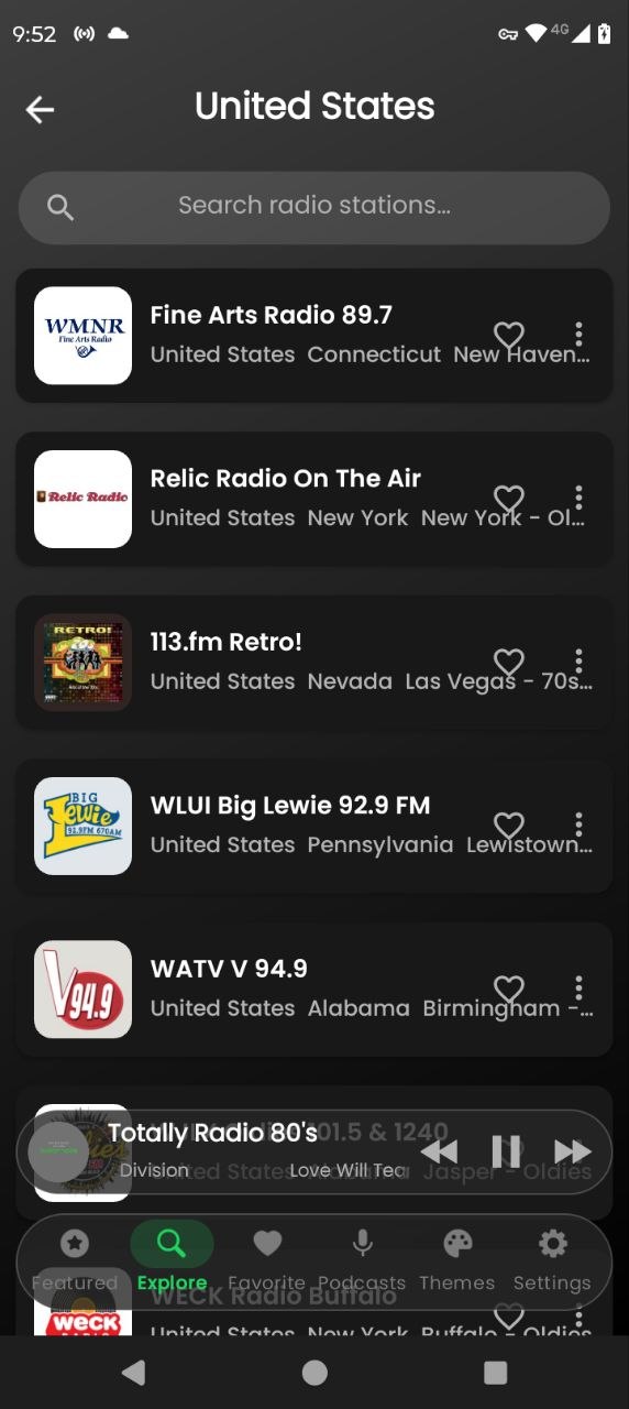 The United States station list: Fine Arts Radio 89.7, Relic Radio On The Air, 113.fm Retro!, WLUI Big Lewie 92.9 FM and WATV V 94.9, each with a favorite button.